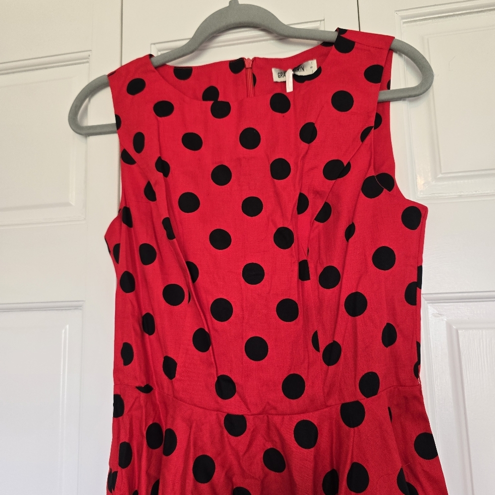 Grace Karin Size Small Red Polka Dot Pinup Swing Dress - Picture 3 of 9